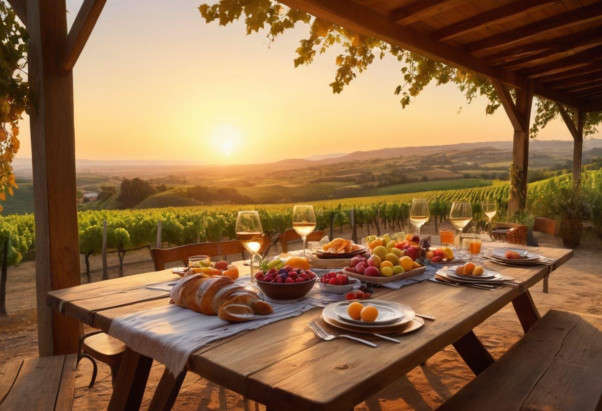 A rustic vineyard at sunset, with a large wooden table set for a family gathering, adorned with glasses of wine, fresh bread, and vibrant fruits. Enhance the scene with joyful people raising glasses, surrounded by lush grapevines and rolling hills in the background, symbolizing connection to family roots. Captivate with warm, inviting colors and a soft golden light. super-realistic. vibrant colors. warm tones.