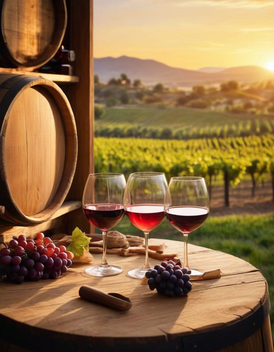 A beautifully arranged wine tasting scene showcasing a variety of wine glasses filled with different wines, surrounded by rustic wooden barrels and vibrant grapevines. In the background, a warm sunset casts a golden glow over a vineyard, evoking a sense of tradition and celebration. Include traditional wine-making tools and a couple toasting with glasses, embodying the joy of heritage. super-realistic. warm colors. rustic atmosphere.