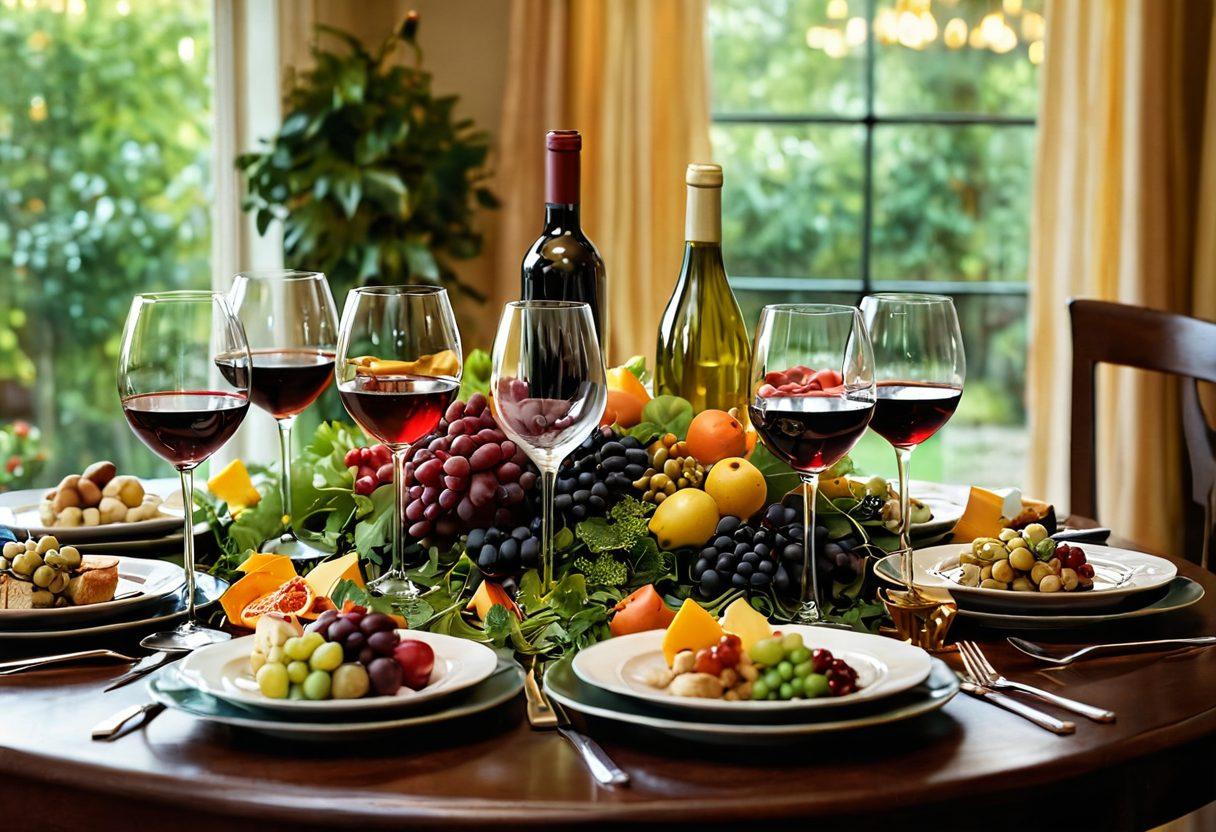 A beautifully set dining table featuring an array of elegant wine glasses, each filled with different types of wine. Surrounding the table are vibrant, colorful dishes and gourmet appetizers, highlighting the art of wine pairing. Soft, warm lighting creates an inviting atmosphere, while a backdrop of lush greenery and festive decorations adds to the celebratory mood. Sparkles and reflections on the wine glasses enhance the sense of joy and celebration. super-realistic. vibrant colors. warm lighting.